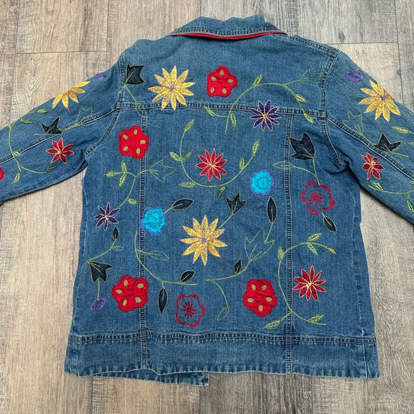 Vintage Chico's Blue Denim Jacket with Colorful Floral Embroidery - Picture 6 of 8